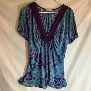 Testament cap sleeve v neck L turquoise purple top
